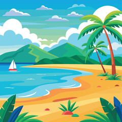 Tropical Beach Landscape Vector Illustration, Summer Coastline with Palm Trees and Sea View, Colorful Seaside Nature Scene with Sailboats.