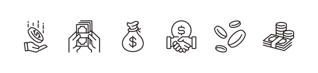 money coin icon line set financial savings wallet cash flow dollar bag vector illustration business earning income hand hold money donation tip symbol outline illustration