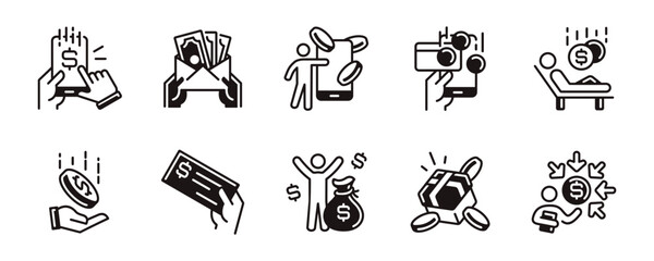 people get paycheck income salary icon line set hand holding money earning business financial profit passive income signs outline illustration