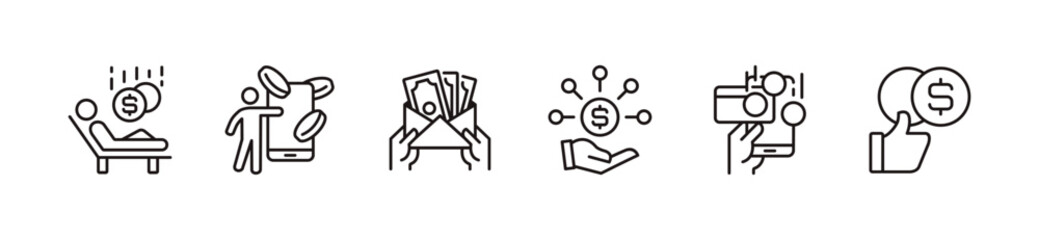financial income icon line set business earning profit vector people or hand holding money salary passive income signs outline illustration for web and app