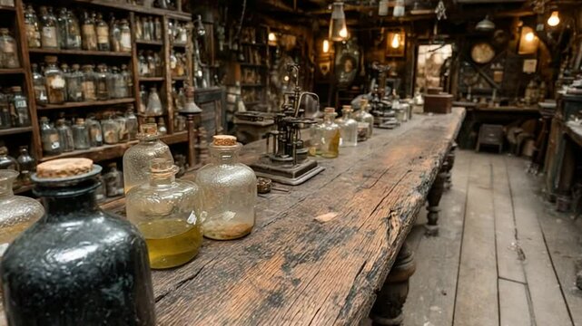 Enchanting alchemist's apothecary filled with vintage bottles and potion ingredients