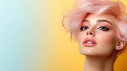 A glamorous model with vibrant pink hair and captivating makeup poses elegantly against a gradient background, exuding confidence and allure that appeals to contemporary aesthetics.