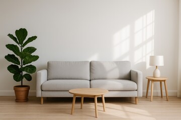 Modern Living Room With a Cozy Sofa, Indoor Plant, and Stylish Side Table Bathed in Natural Light During the Day