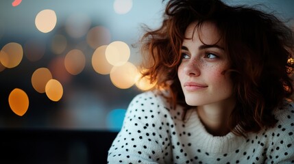 A young woman with curly hair gazes pensively out of a window, with a softly blurred cityscape in the background, capturing a moment of reflection and contemplation amidst urban life.