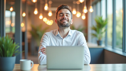 Obraz premium a man in an office is sitting with his eyes closed in front of a laptop