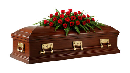 Elegant Wooden Casket Adorned with Red Roses and Ferns, Symbolizing Remembrance, Grief, and Farewell, Isolated on Transparent and White Background