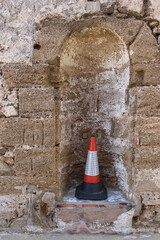 Traffic cone in Castle of San Sebastián in Cadiz, Andalusia. Spain