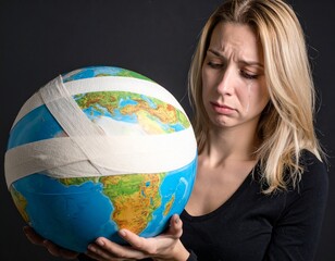 Fototapeta premium Woman Holding Bandaged Globe – Earth in Pain, Symbol of Healing and Concern
