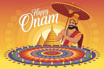 Happy Onam Greeting Card with Snake Boat and Kathakali Mask Illustration

