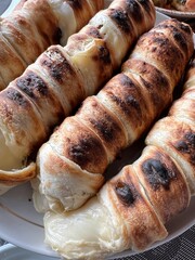 Khachapuri on skewers. Brined Suluguni cheese wrapped in puff pastry on coals