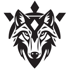 A black and white vector illustration of a stylized wolf's head with geometric shapes in the background, creating a tribal or emblem design.