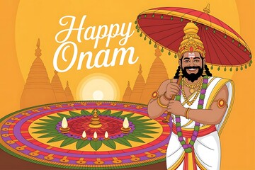 Happy Onam Greeting Card with Snake Boat and Kathakali Mask Illustration

