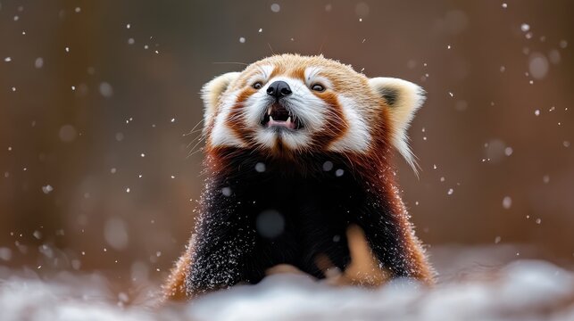 A captivating close-up of a red panda enjoying the snowfall, showcasing its stunning fur and expressive features in a winter wonderland setting.