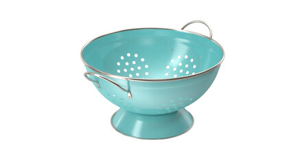 A turquoise colander with a polished rim and handles, designed for draining water from food like pasta or vegetables.