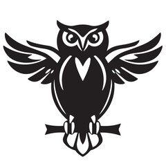 Fototapeta premium A black vector illustration of a stylized owl perched with outstretched wings, featuring a heart-shaped detail on its chest, on a white background.