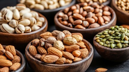 Obraz premium Assorted nuts and seeds in wooden bowls (1)