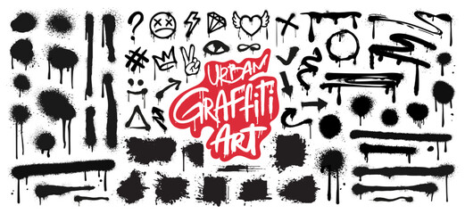 Hand drawn graffiti stencil icon, spray paint, drip, splash, drop and watercolor texture. Graffiti street art, urban brush stroke typography and grunge element as heart, diamond, star, arrow and crown