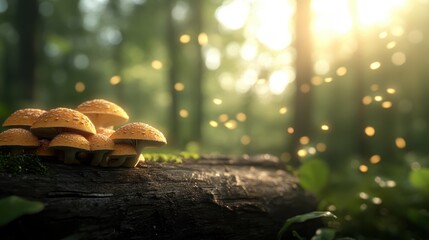 A cluster of vibrant mushrooms glows in a sun-dappled forest, creating a magical atmosphere that captures the essence of nature's enchanting beauty and mystery.