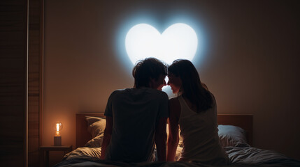 A man and a woman are sitting on a bed