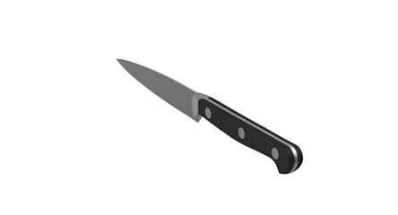 A sharp kitchen knife with a black handle and silver blade, designed for cutting and food preparation.