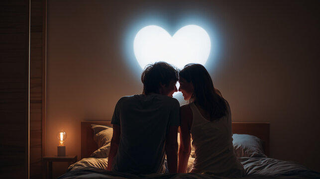 A man and a woman are sitting on a bed