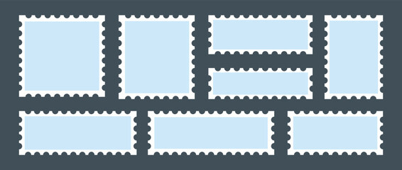 Postage stamp borders set vector. Postage Stamps in flat design. Mockup postage stamps with shadow. Blank postage stamp borders template collection. 