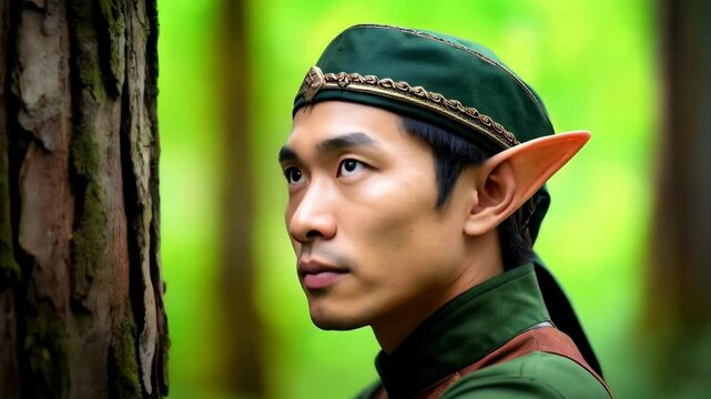 Elf man embraces tree in forest, wearing green tunic and cap with decorative trim, woodland setting, fantasy genre concept