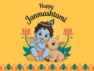 Happy Janmashtami Celebratory Illustration with Baby Krishna, Flute & Festive Elements

