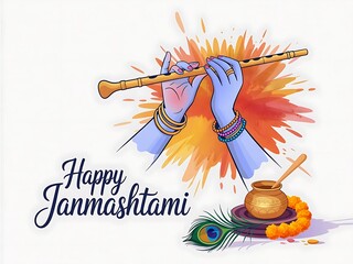 Happy Janmashtami Celebratory Illustration with Baby Krishna, Flute & Festive Elements

