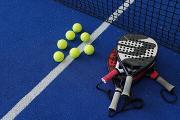 Padel court with equipment. A bright blue padel court with a net stretched across the middle....