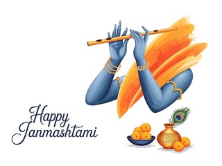 Happy Janmashtami Celebratory Illustration with Baby Krishna, Flute & Festive Elements

