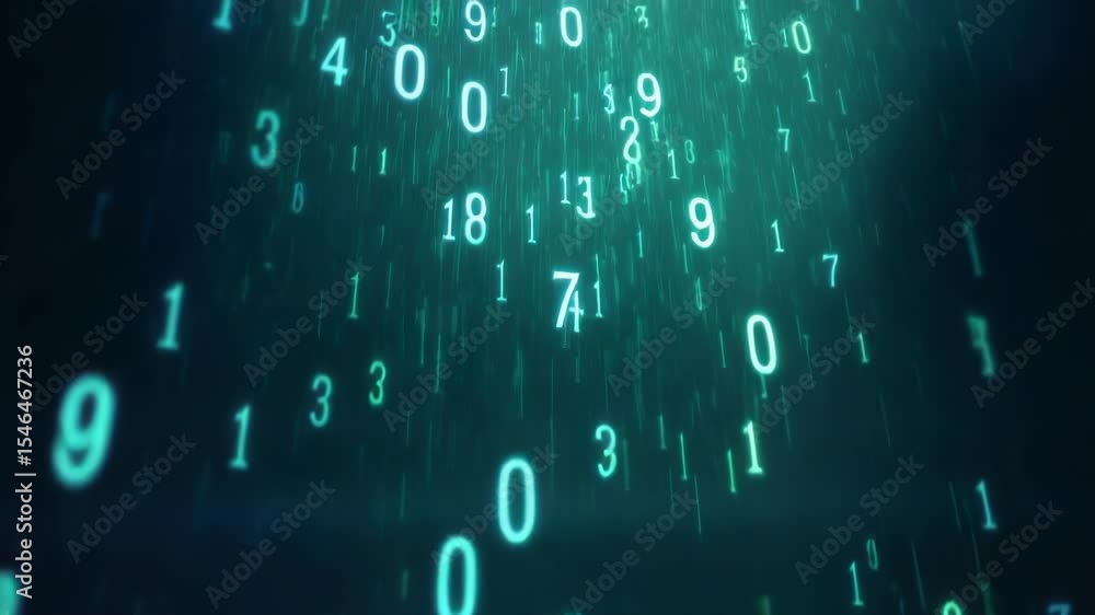 Poster futuristic digital rain effect glowing green and blue numbers cascading in a matrix-inspired animati