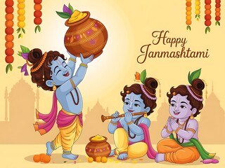 Happy Janmashtami Celebratory Illustration with Baby Krishna, Flute & Festive Elements

