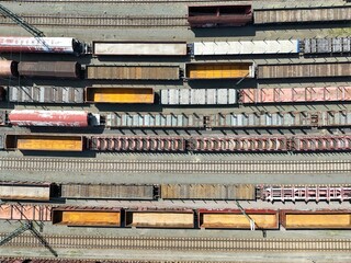 a freight station with many trains - aerial view