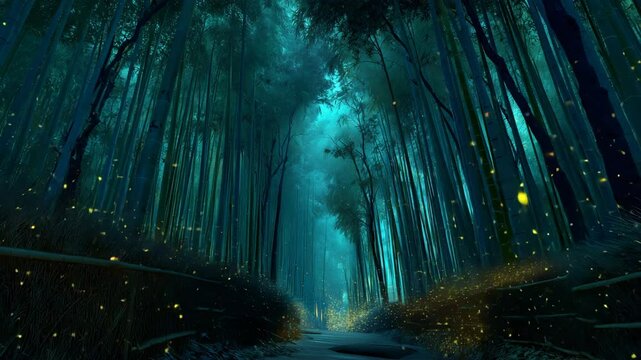 幻想的に輝く竹林とホタルの小径