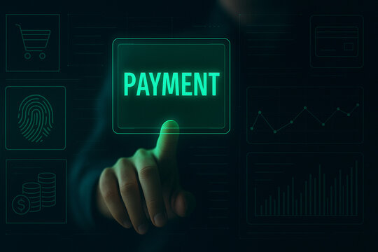 Futuristic Digital Payment Interface with Holographic Touchscreen Technology for Secure Transactions in Modern Finance and Virtual Banking Systems - Powered by Adobe