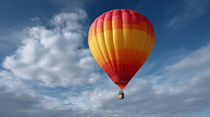 Obraz premium Vibrant Hot Air Balloon in a Clear Blue Sky with Fluffy Clouds and Warm Colors of Orange and Yellow, Perfect for Travel and Adventure Themes