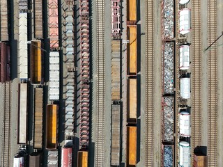 a freight station with many trains - aerial view