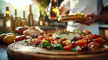 A beautifully arranged gourmet pizza topped with fresh ingredients like tomatoes, basil, and cheese, ideal for showcasing culinary artistry and fresh cooking concepts.