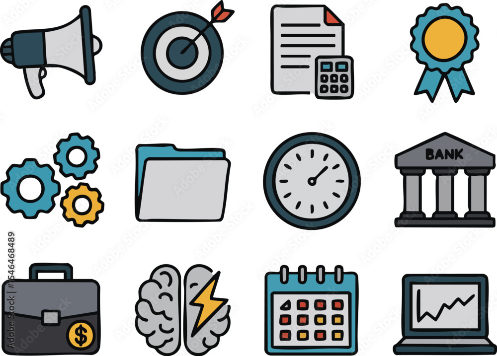 Poster business and finance icon set with various symbols and concepts