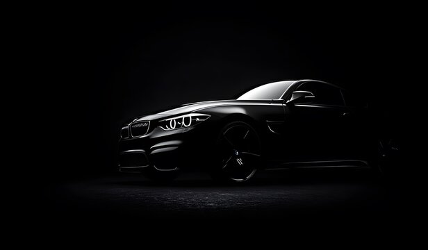 Luxury Black Car in Dark Studio with Headlights Illuminated automotive background AI Generated