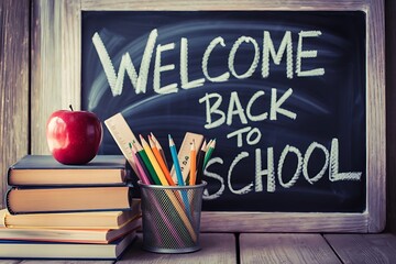 Back to School Flat Vector Illustration with Chalkboard & School Supplies

