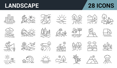 Landscape Line Editable Icons Set. Includes Mountains, Forests, Desert, Ocean, Volcano, Sunrise, Fields, Urban Cityscapes, and More. Vector illustration.