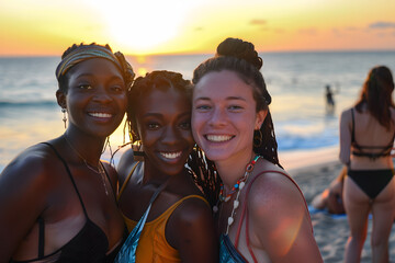 friends at beach party, sunset light, selfie moment, candid, multicultural