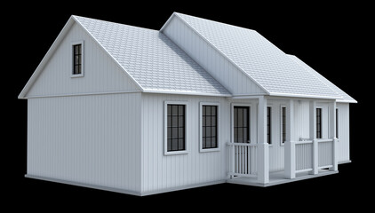 White small cottage mockup with porch and gable window. 3d illustration isolated on black