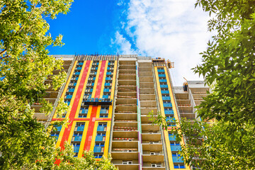 Moscow, Russia - June 17, 2025: construction of a modern apartment building. house facade...