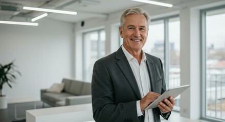 Smiling businessman using tablet in modern office