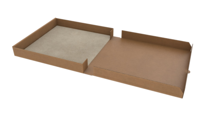 A plain, open pizza box showing its interior design, typically used for delivering or serving pizza.
