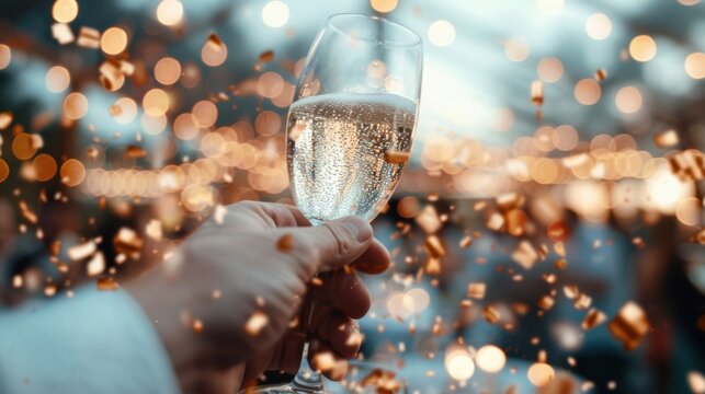 A hand holds a beautifully filled champagne glass, surrounded by a flurry of celebratory sparkles, capturing a moment of joy and festivity during special occasions.