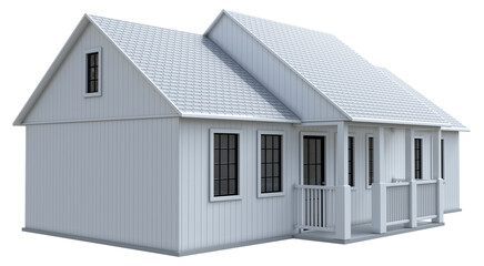 White small cottage mockup with porch and gable window. 3d illustration transparent background